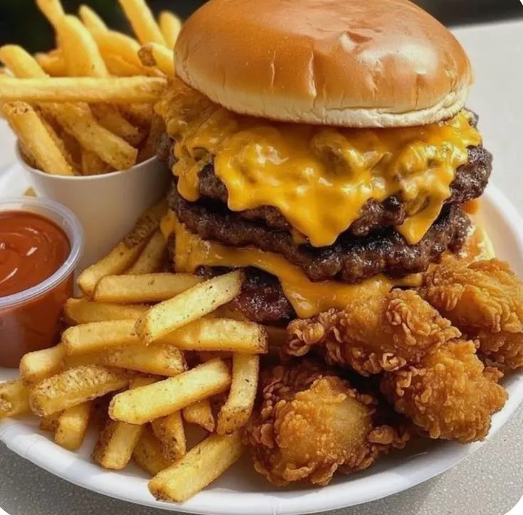 a hamburger and fries on a plate with ketchup