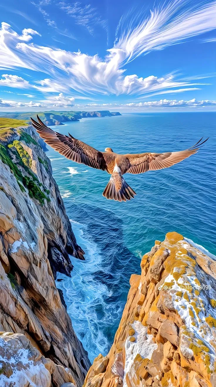 a bird flying over the ocean next to a rocky cliff