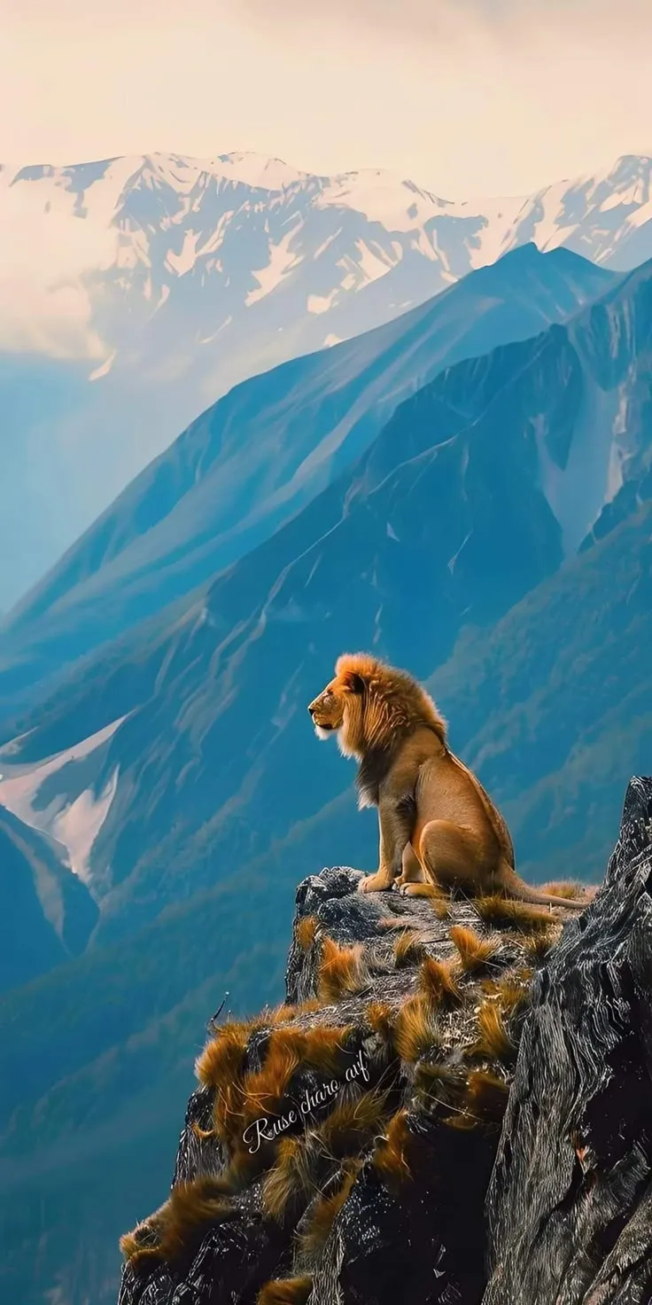 a lion sitting on top of a mountain with snow capped mountains in the back ground