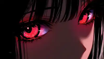 an anime character with red eyes and long black hair looking at the camera while staring into the distance