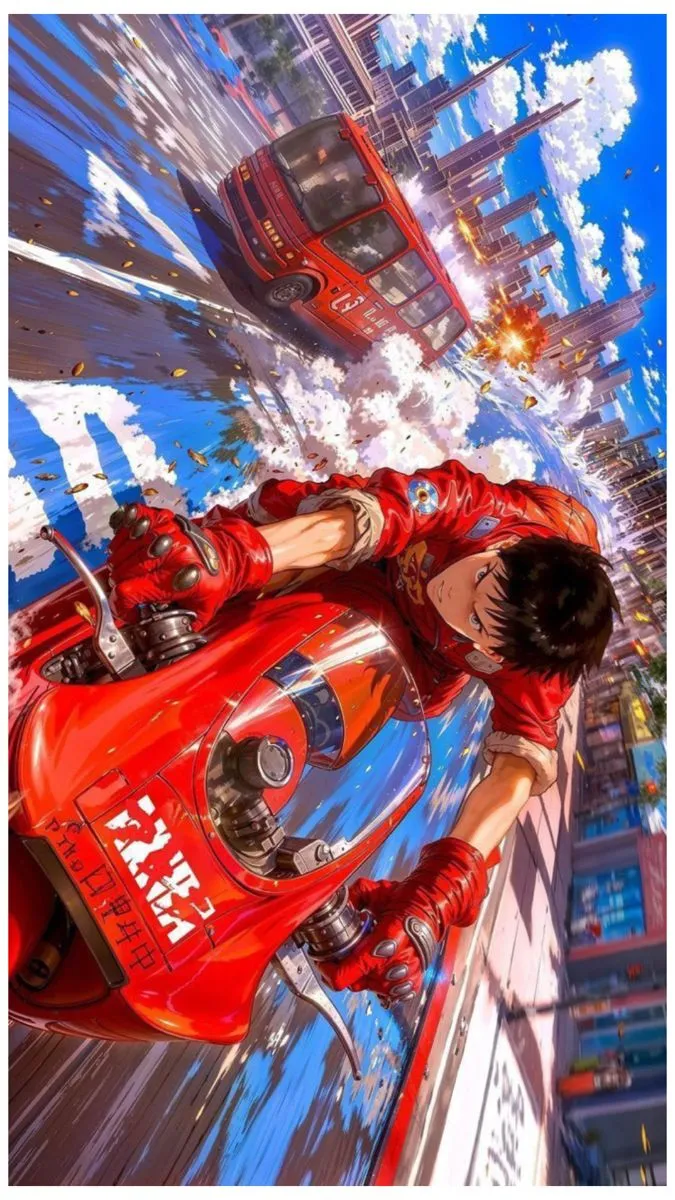 a man standing on top of a red car in the middle of a city with tall buildings