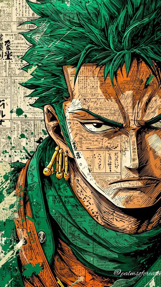 an anime character with green hair and piercings on his head, in front of newspaper pages