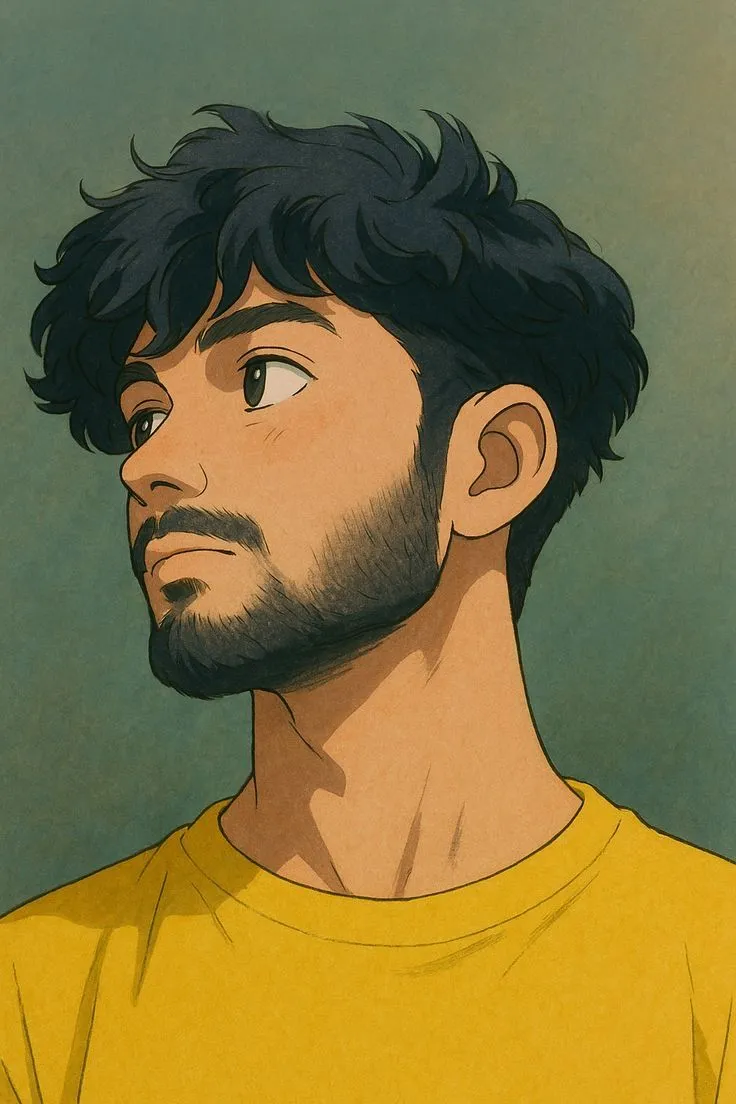 a drawing of a man with black hair and beard wearing a yellow t - shirt