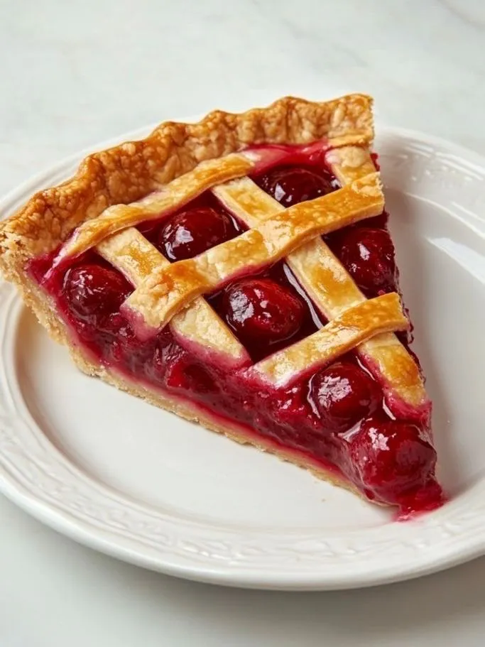 a slice of cherry pie on a white plate