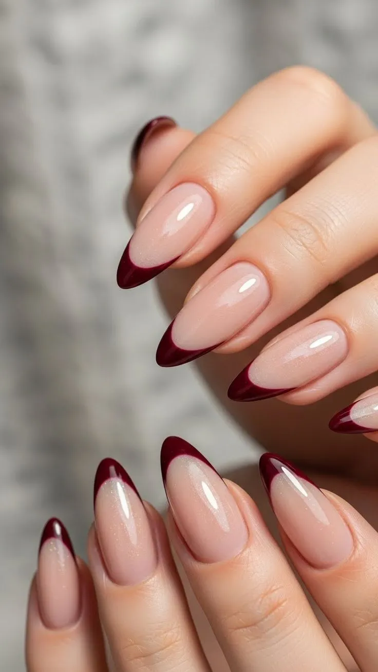 Almond Nails with Burgundy French Tips | Nude Base, Glossy Finish & Modern Pinterest Nail Aesthetic