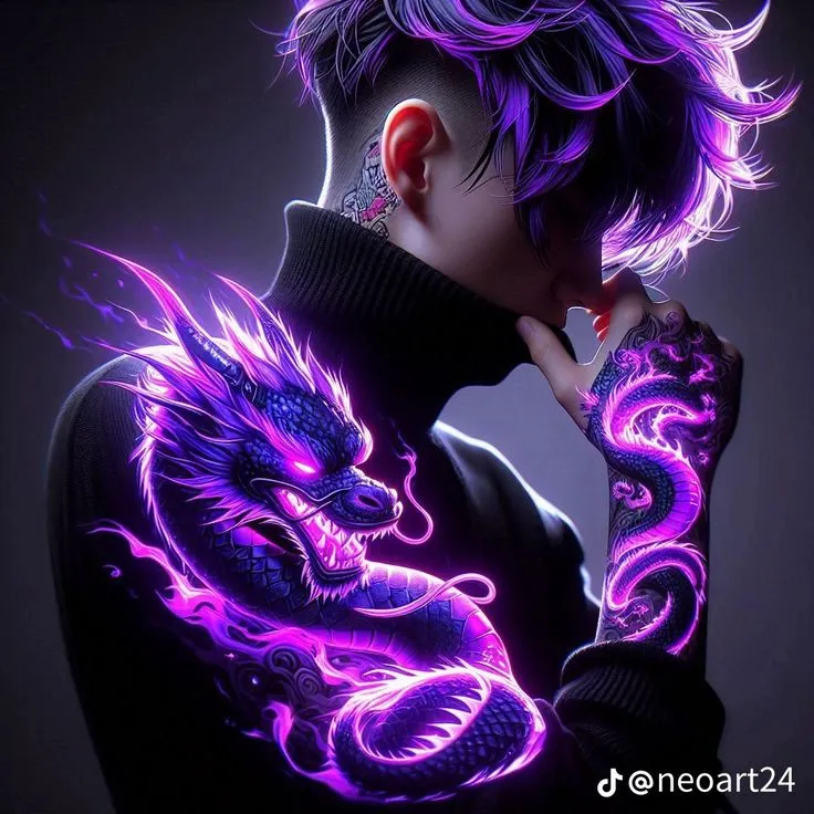 a man with purple hair and tattoos on his arm