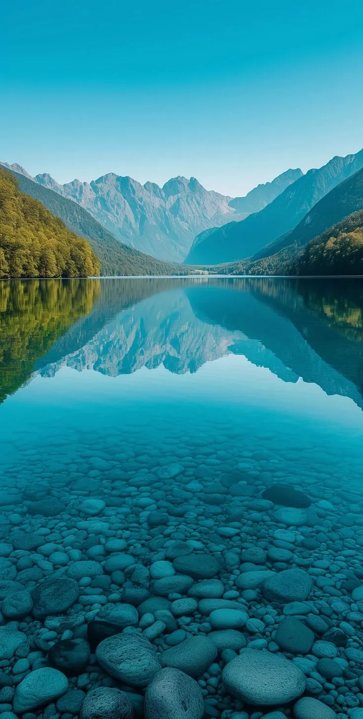 a lake surrounded by mountains with rocks in the foreground and clear water on the other side