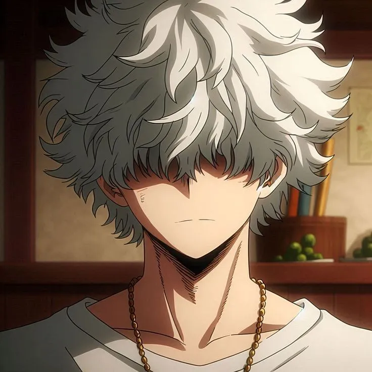an anime character with short white hair wearing a necklace in front of a kitchen counter