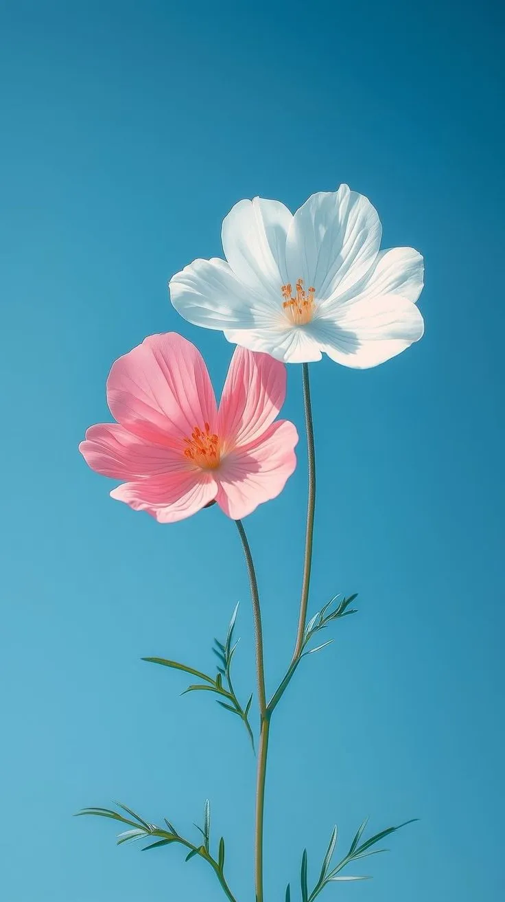 two white and pink flowers against a blue sky