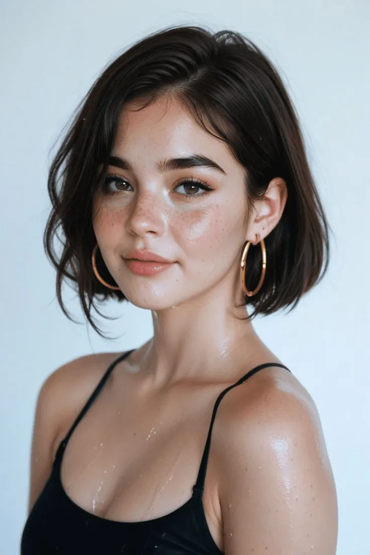 a woman wearing large gold hoop earrings and black tank top with frecky hair
