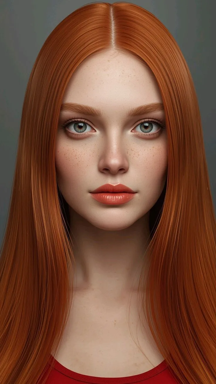 a woman with long red hair and blue eyes is shown in this digital art rendering
