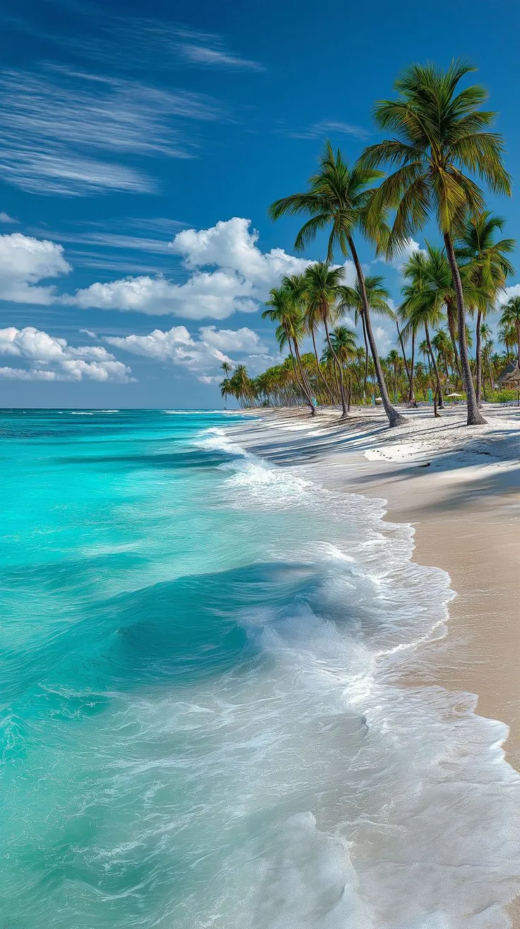 the beach is lined with palm trees and blue water