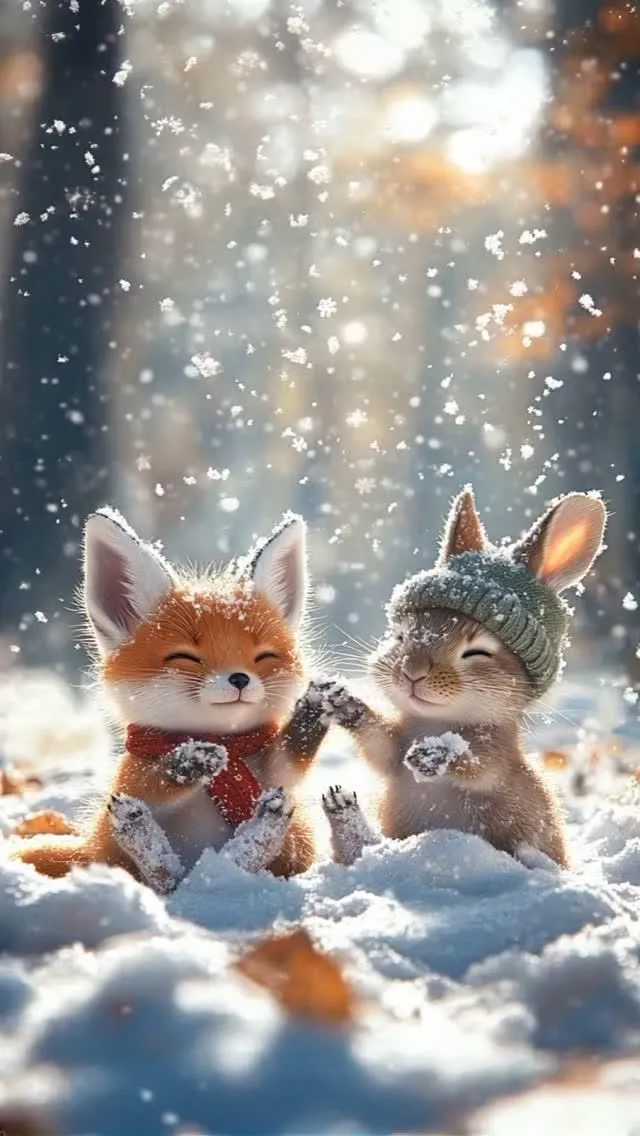 two little foxes are playing in the snow