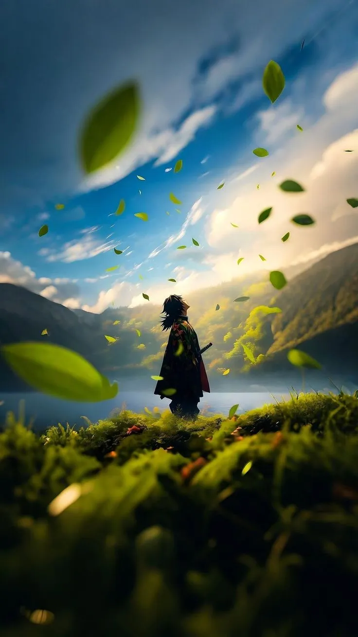 a woman standing on top of a lush green field next to a lake under a blue cloudy sky