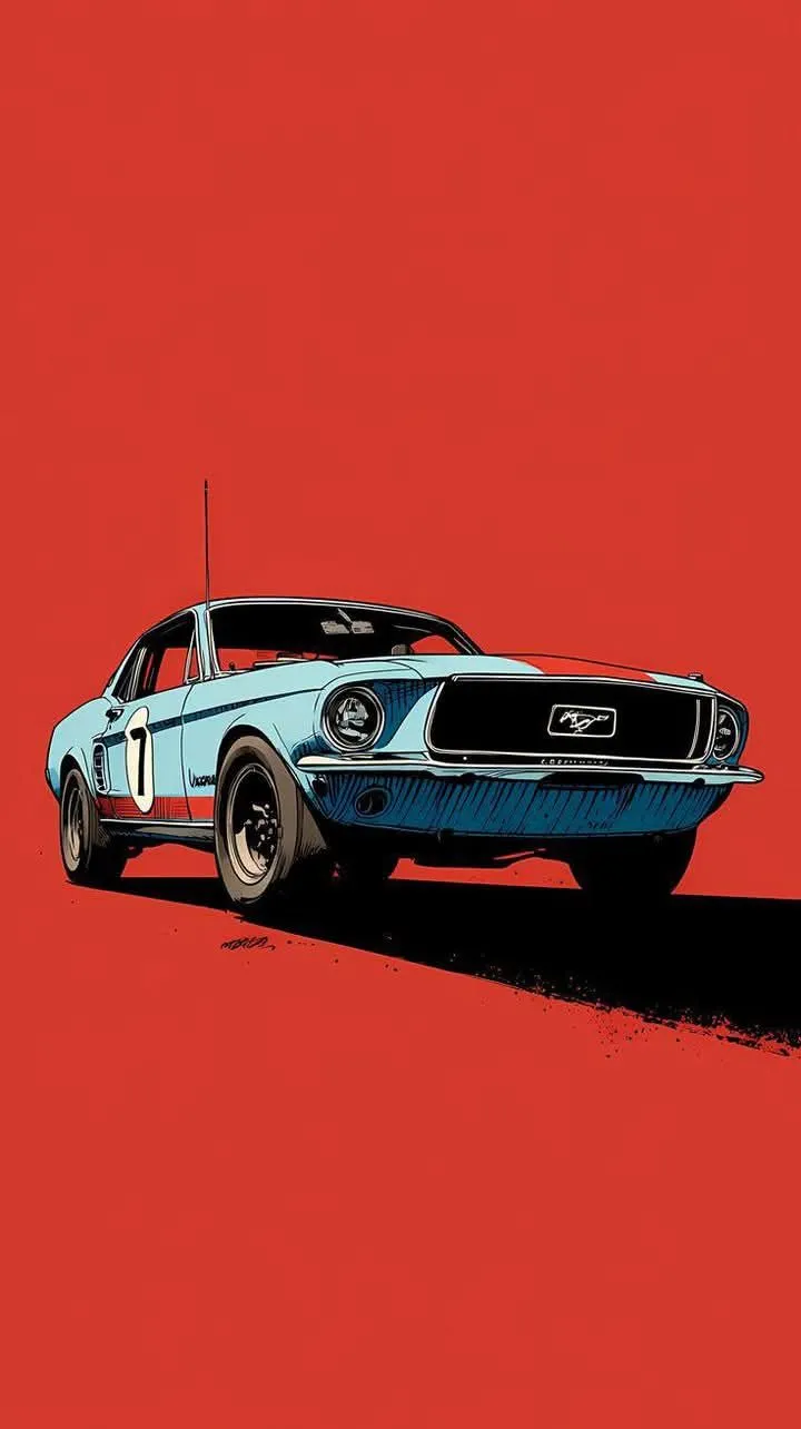 a blue and white mustang sitting on top of a red background