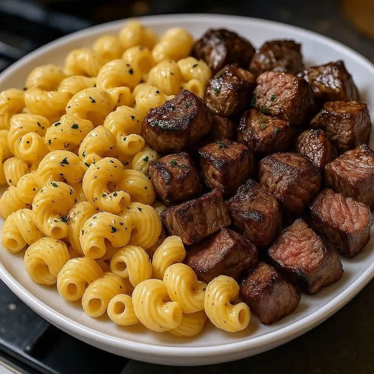 a white plate topped with pasta and meat next to other foods on top of a stove
