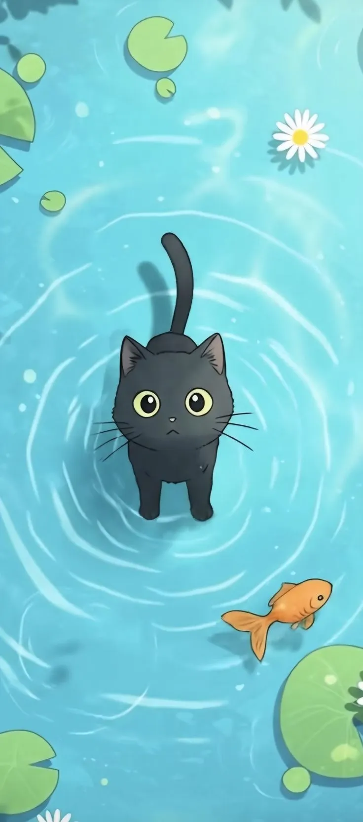 a black cat is standing in the water