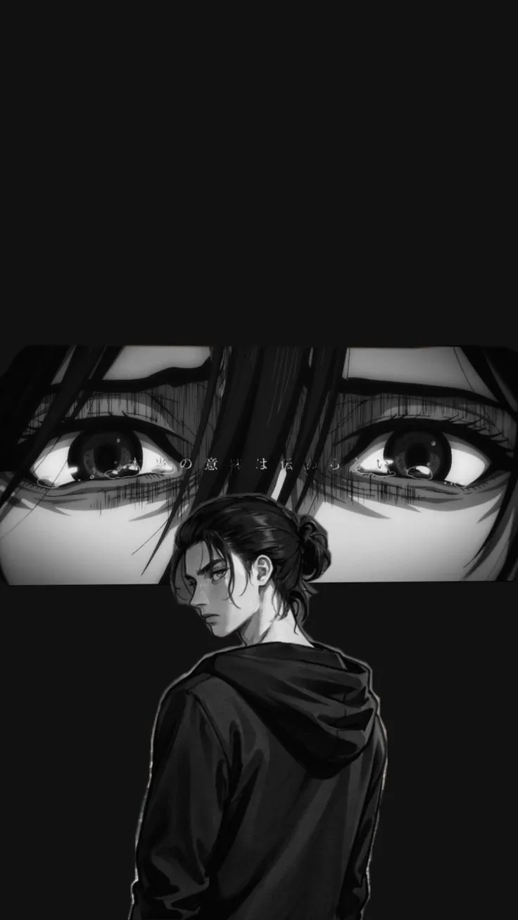 an anime character with long black hair and big eyes looking at the camera while standing in front of another person's face