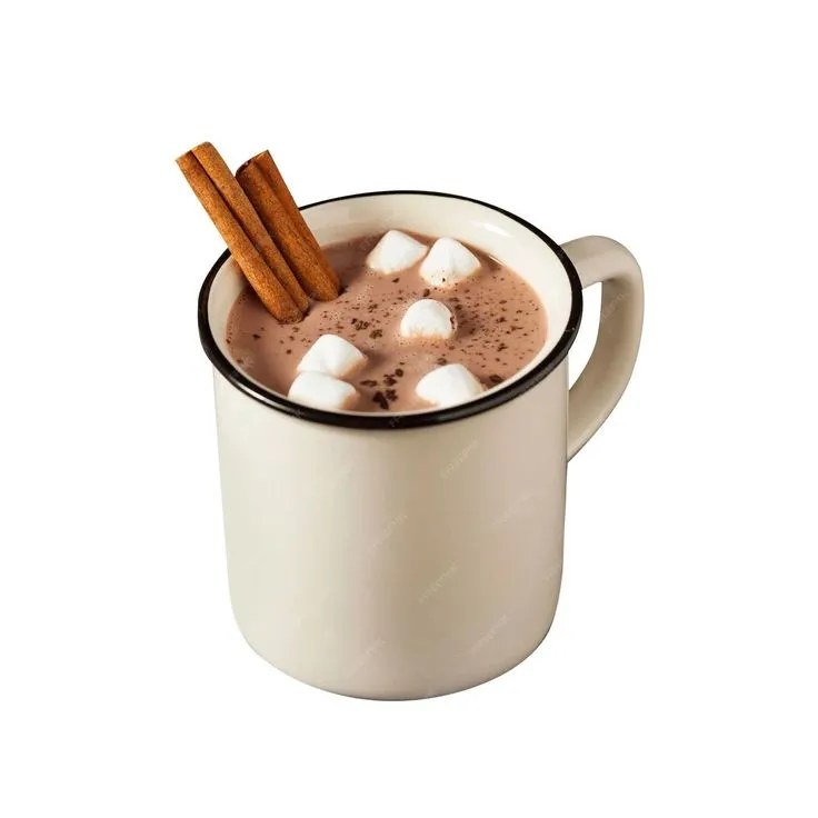 A cup of hot chocolate with cinnamon sticks on a white background | Premium Photo