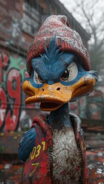 a close up of a statue of a bird wearing a jacket and hat with graffiti on the wall behind it