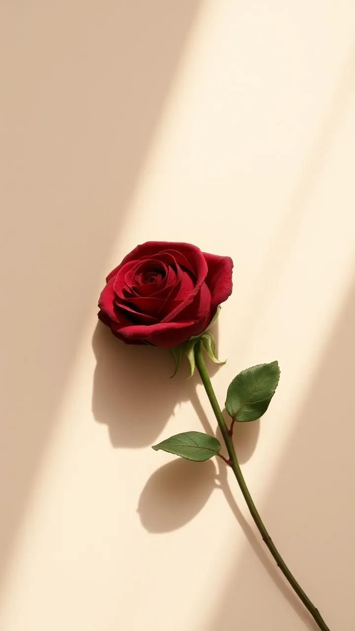 a single red rose sitting on top of a white table next to a shadow cast wall