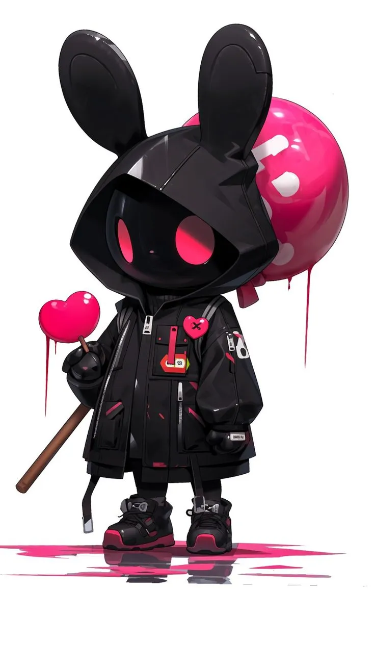 a black and pink cartoon character holding two heart - shaped lollipopo balloons