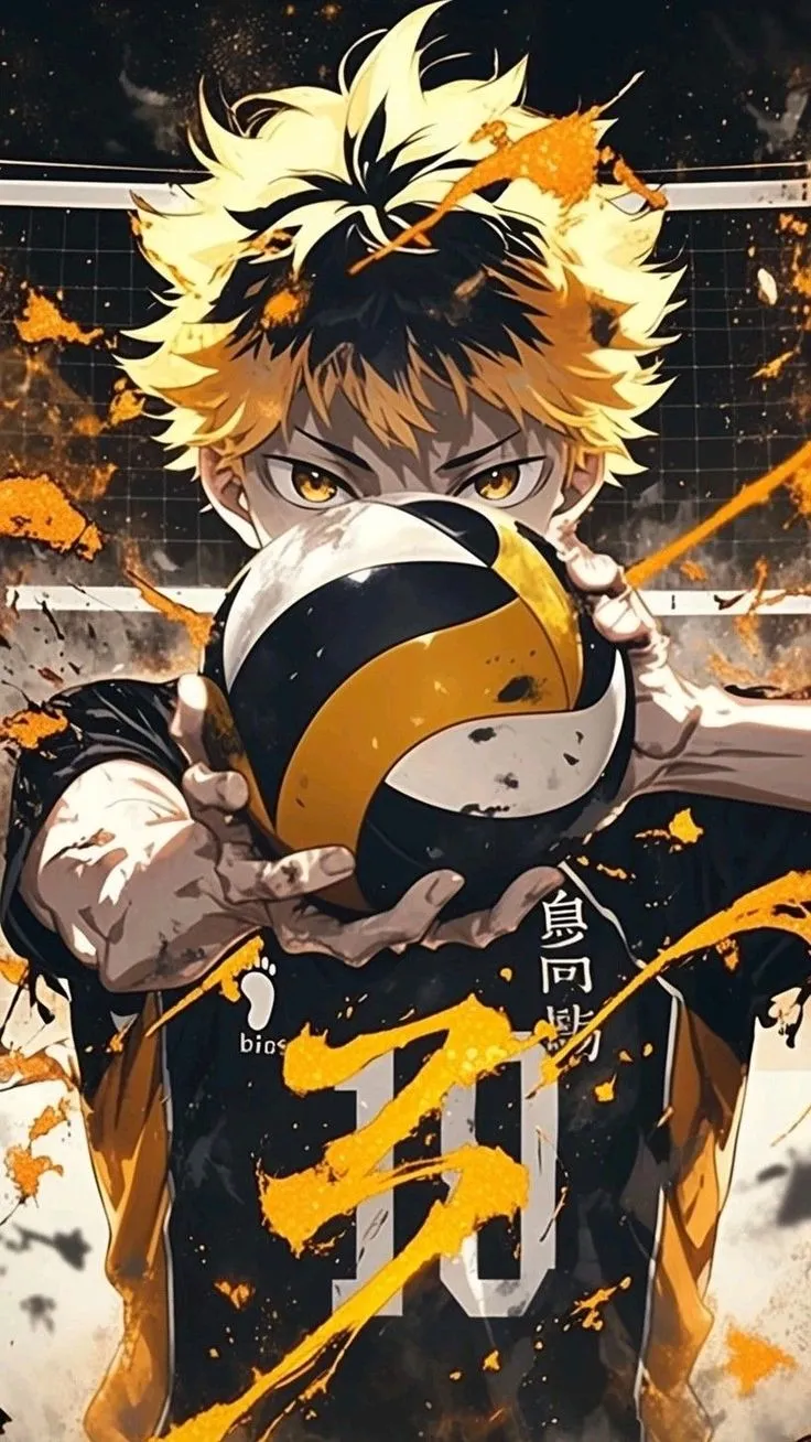 an anime character holding a volleyball ball in his hands
