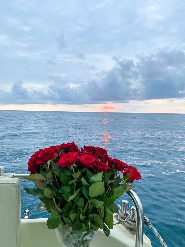 a vase filled with red roses sitting on the back of a boat in the ocean