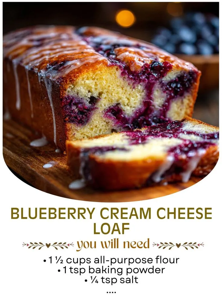 Daily - 🍋🫐 Blueberry Cream Cheese Loaf 🍞✨ A moist, rich, blueberry-packed loaf with creamy swirls and a sweet glaze — the perfect cozy treat! 💙🍰 Prep time: 15 minutes Cook time: 55–65 minutes Total time: 70–80 minutes Yield: 1 loaf Ingredients: • 1 ½ cups