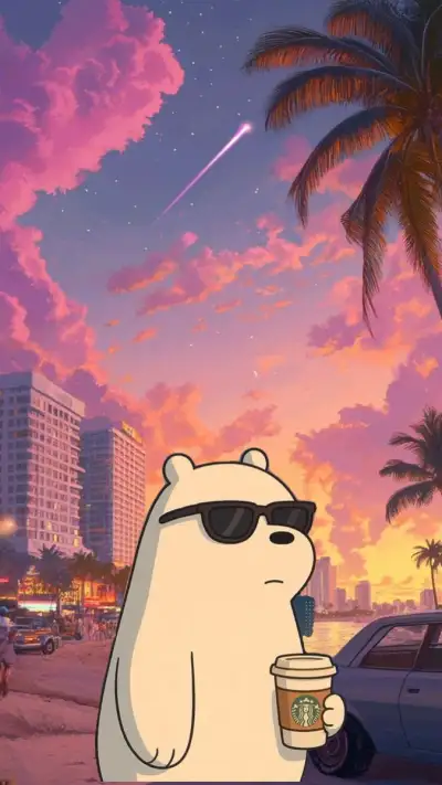 a polar bear holding a cup of coffee in front of a palm tree at sunset