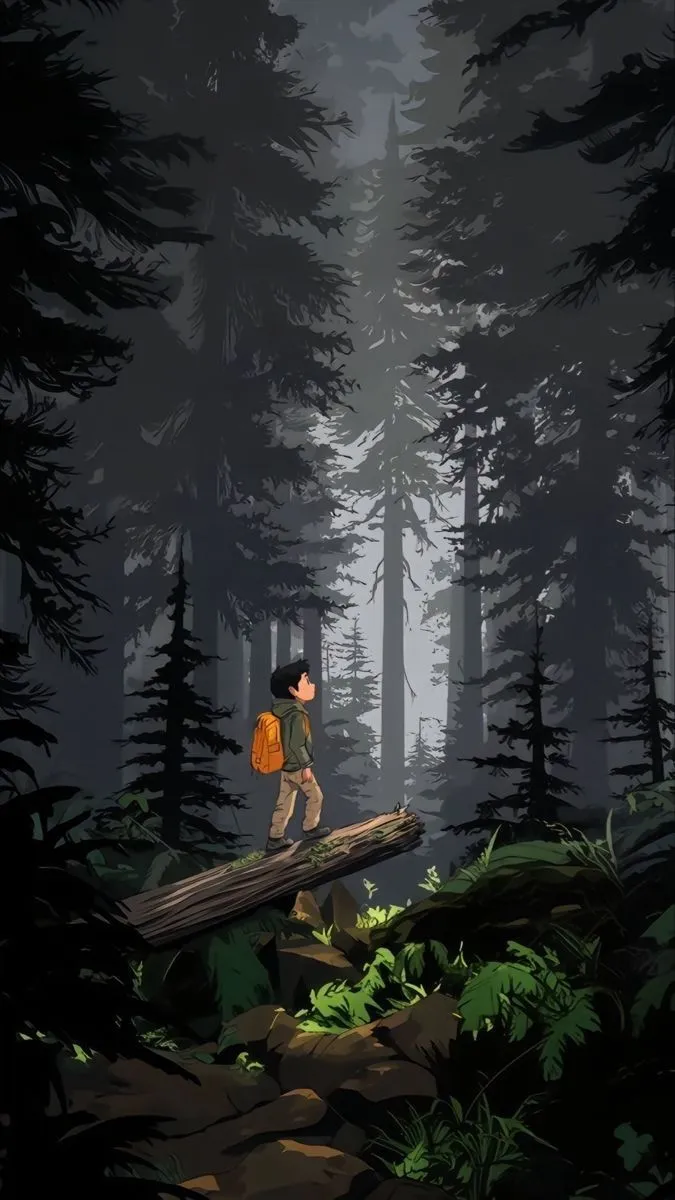 a man with a backpack walking across a forest