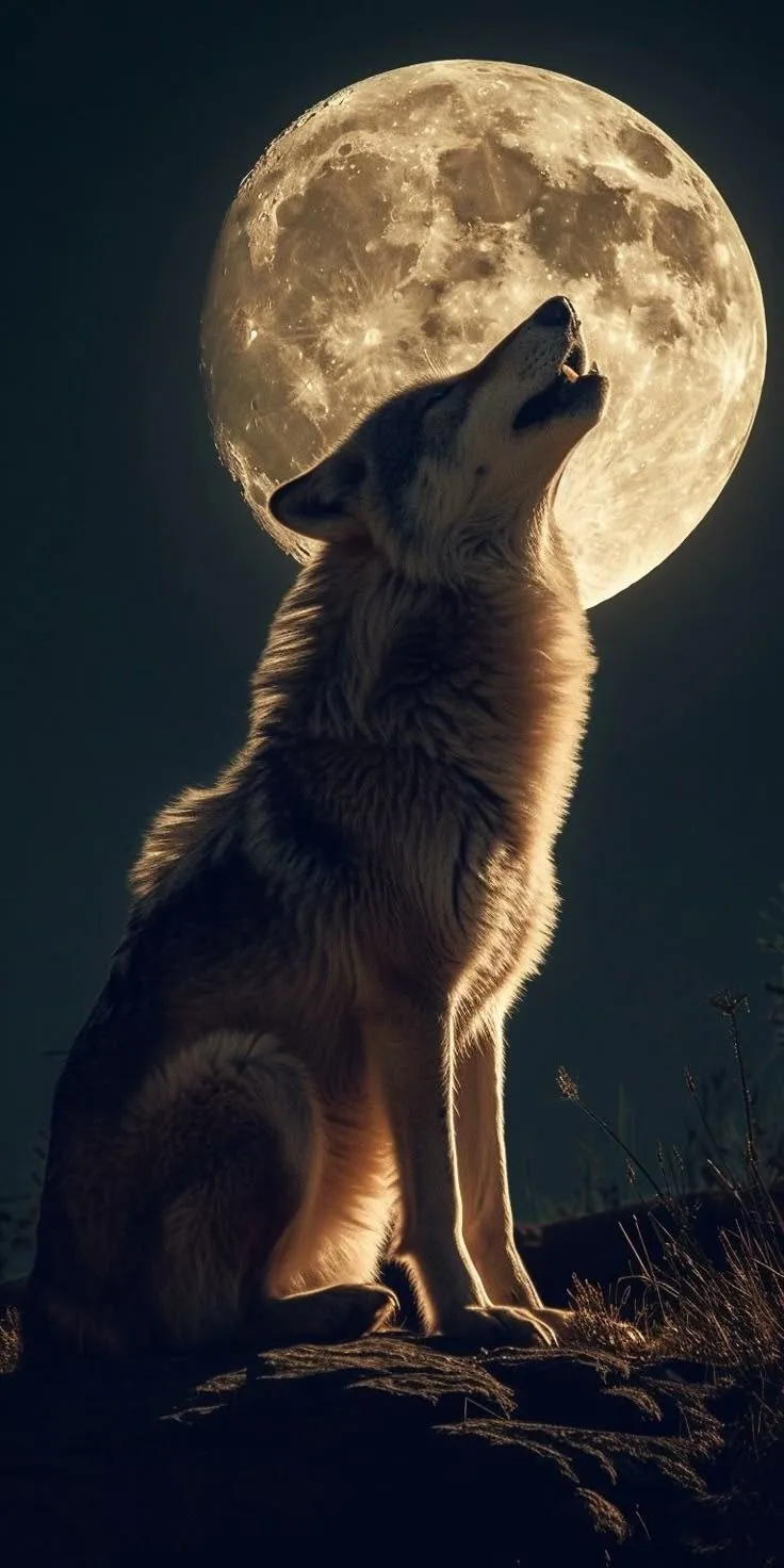 a wolf sitting on top of a hill looking up at the moon