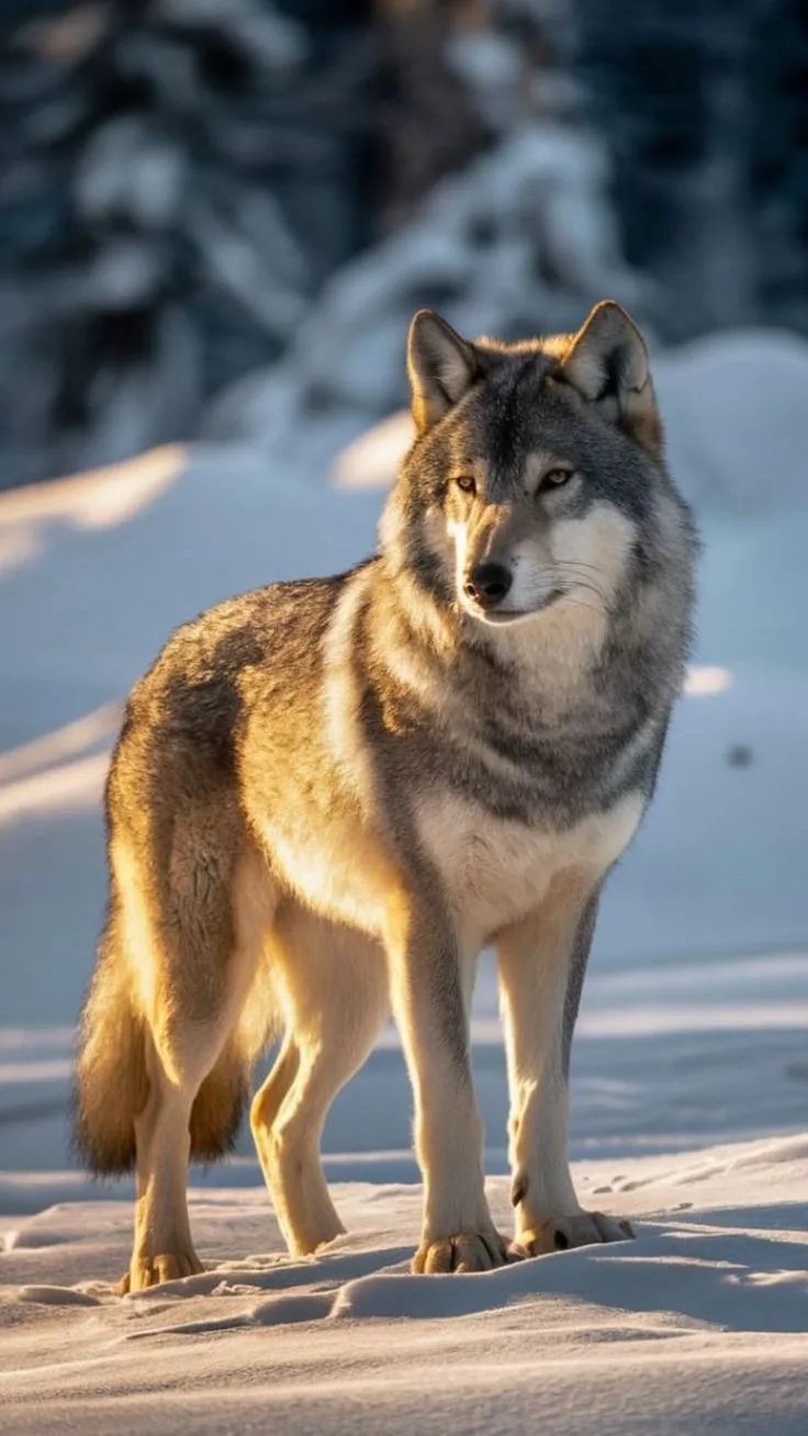 a wolf standing in the snow looking at something