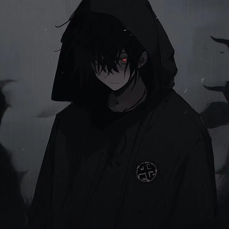 an anime character with black hair and red eyes wearing a hoodie in the rain