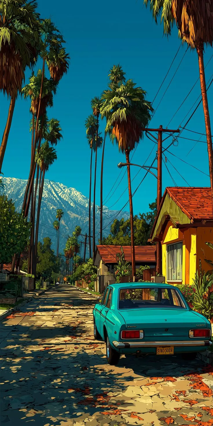 a blue car parked on the side of a road next to palm trees and houses