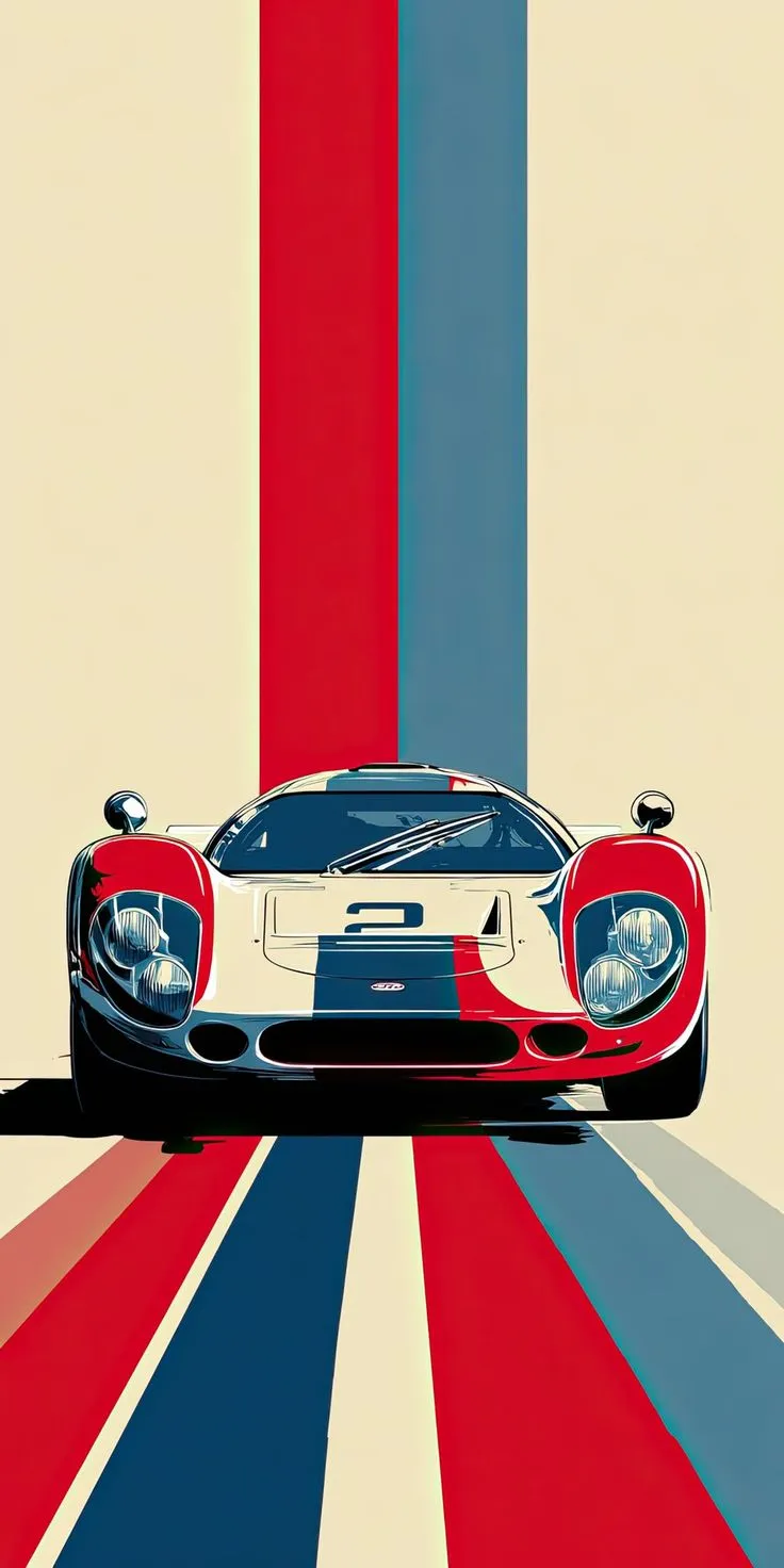 a red, white and blue sports car on a multicolored background with stripes