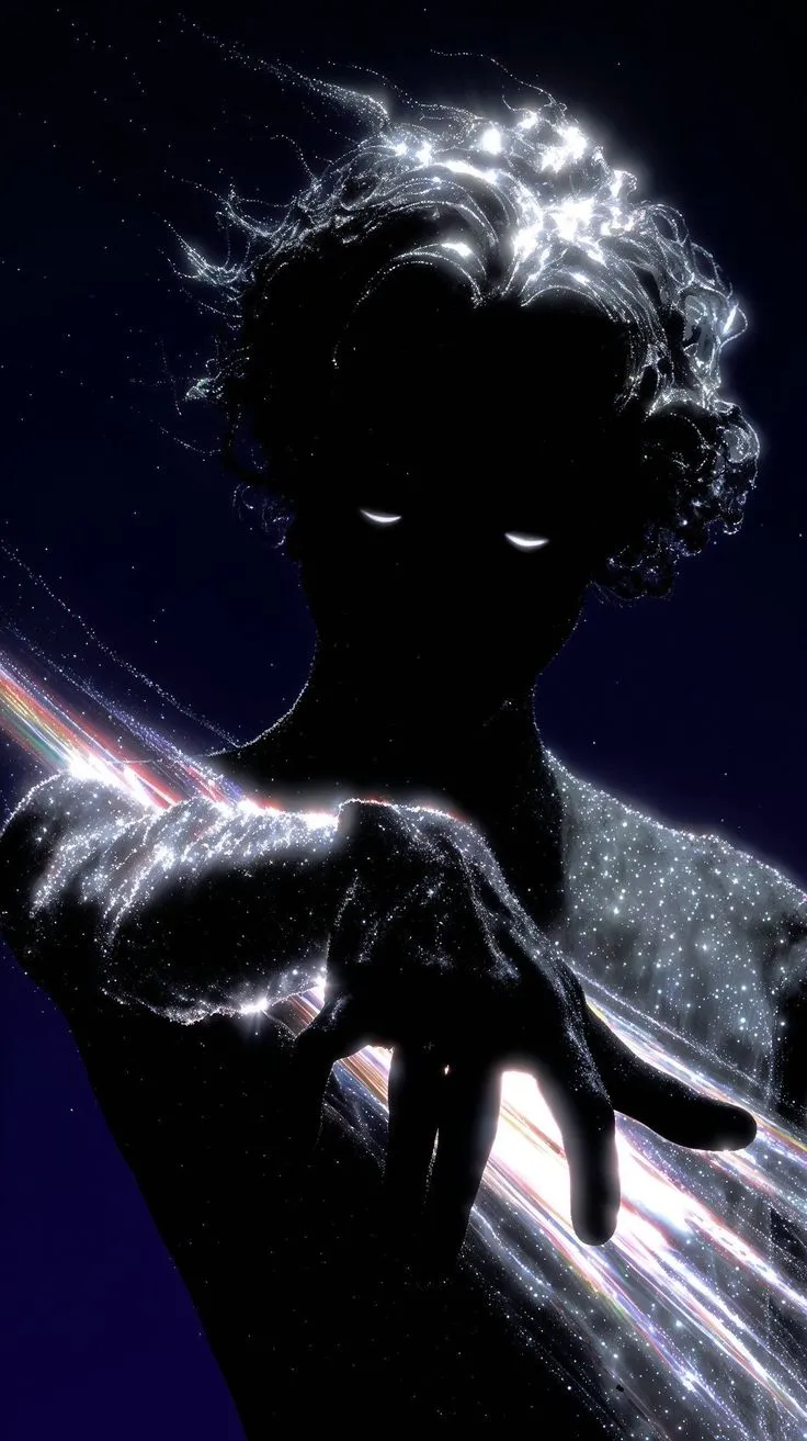 a person holding their hand out in front of the camera with light streaks coming from them