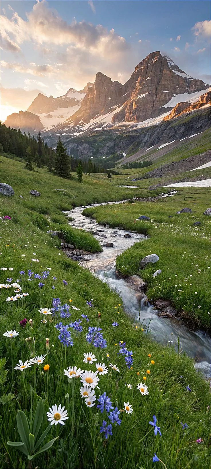 wildflowers and daisies in the foreground with a mountain stream running through it