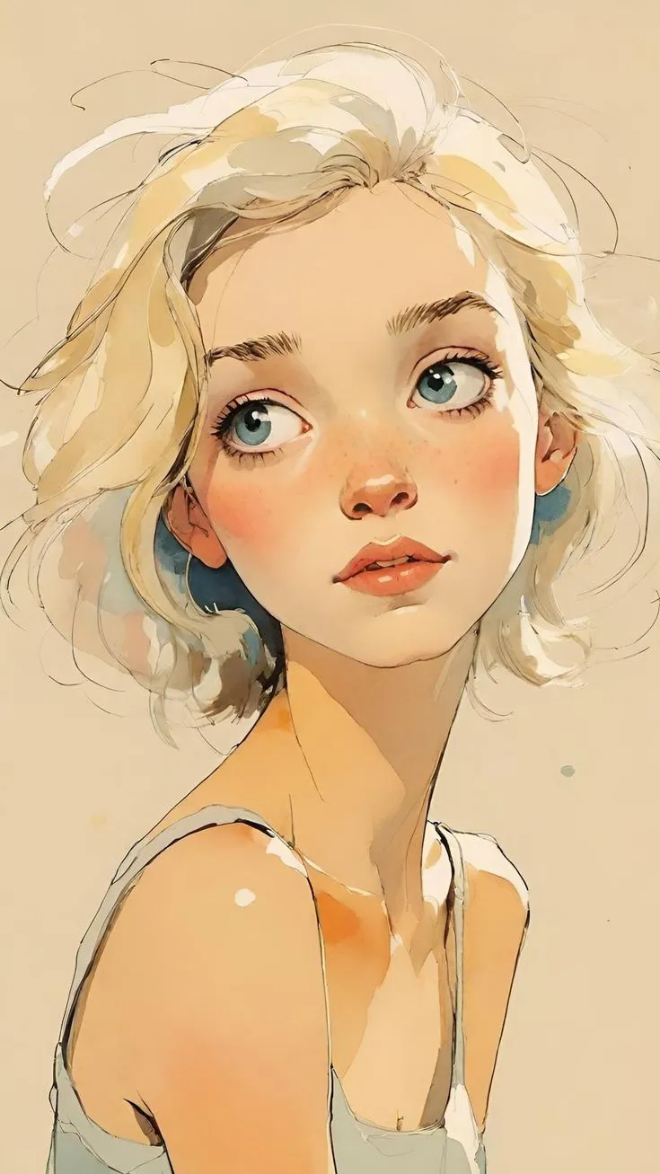 a painting of a woman with blonde hair and blue eyes looking to her left side