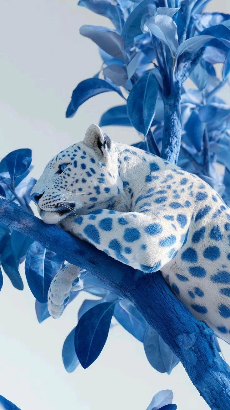 a white and blue leopard laying on top of a tree filled with leaves next to flowers