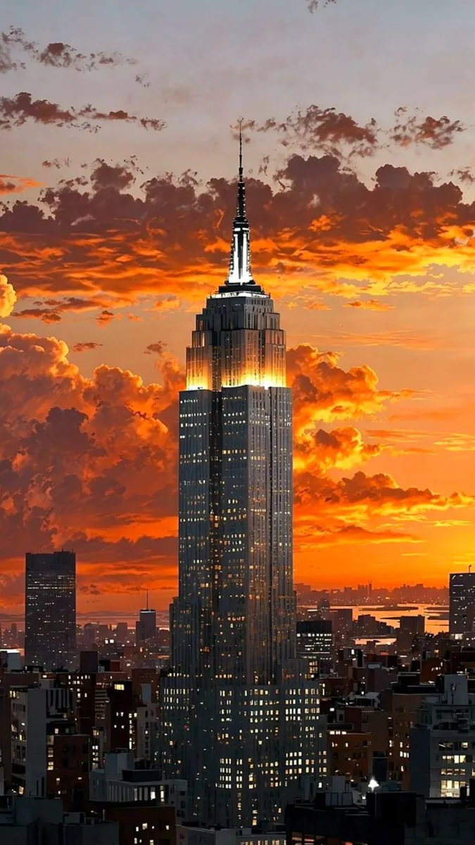 the empire building in new york city is lit up at night with orange and yellow clouds