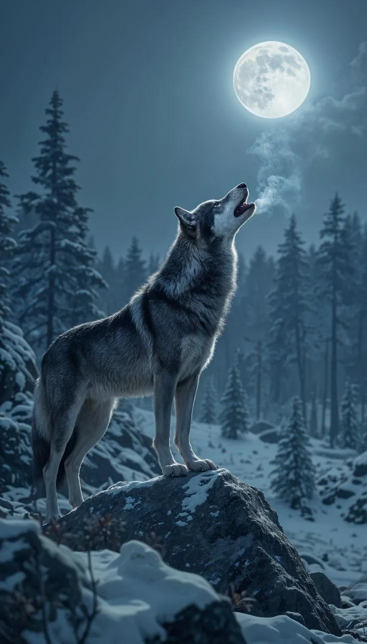 Wolf Howling Under Full Moon
