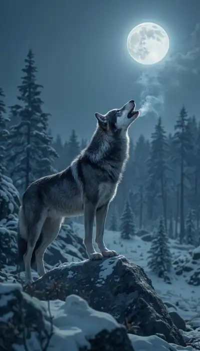 Wolf Howling Under Full Moon
