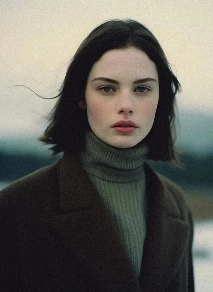 a woman with dark hair wearing a green turtle neck sweater and black coat looking at the camera