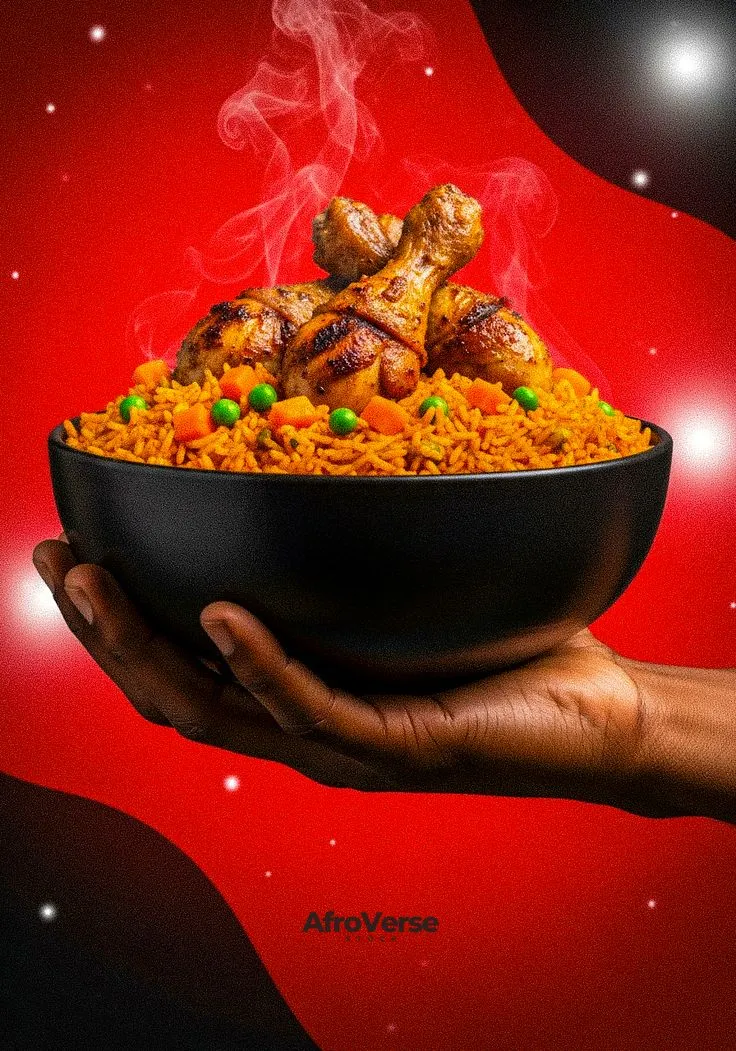 Steaming Jollof Rice with Grilled Chicken in Black Ceramic Bowl (Afro-Food Stock Image)