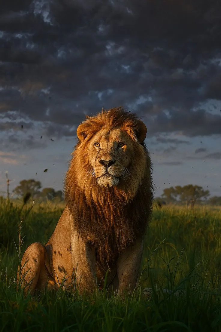 a lion sitting in the grass under a cloudy sky