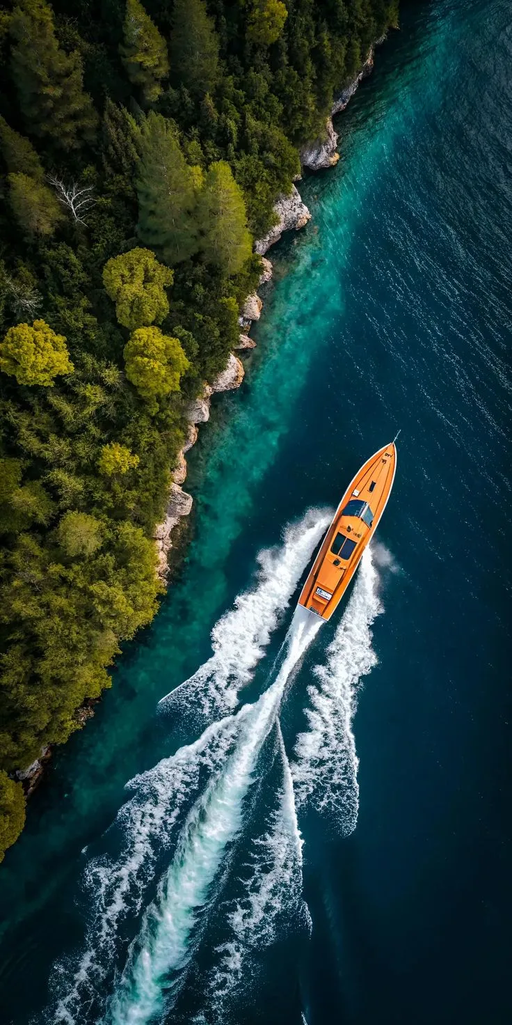 an aerial view of a boat in the water