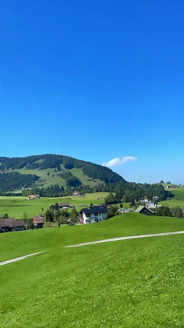 a green field with houses and mountains in the background