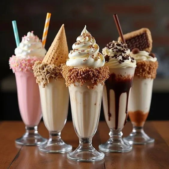 four ice cream sundaes are lined up on a table