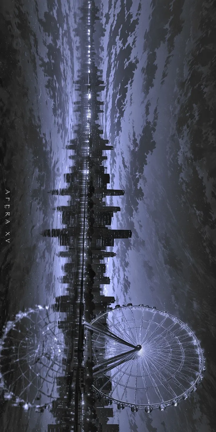 the reflection of an upside down ferris wheel in water